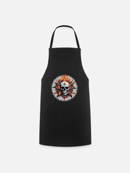 Skull and pentagram flames in circle - Cooking Apron - black