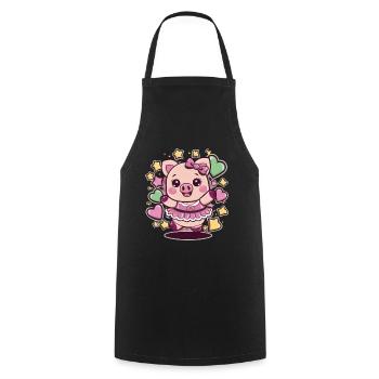 Kawaii Cartoon Pig with Hearts and Stars - Cooking Apron - black - Front - AI Model Male 185 dark (185cm)