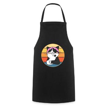 Funny Cute Kawaii Cat Face Retro Sunset - Cooking Apron - black - Front - AI Model Male 185 dark (185cm)