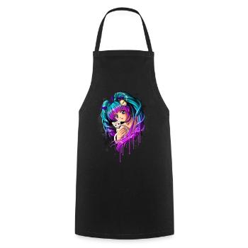 Kitten and Pigtail Manga Girl - Cooking Apron - black - Front - AI Model Male 185 dark (185cm)