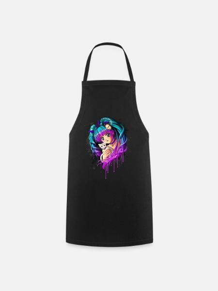 Kitten and Pigtail Manga Girl - Tablier de cuisine - noir