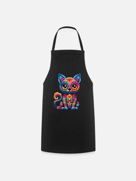 Dia De Los Muertos Katze Meowtos Bunt Blumen - Kochschürze - Schwarz