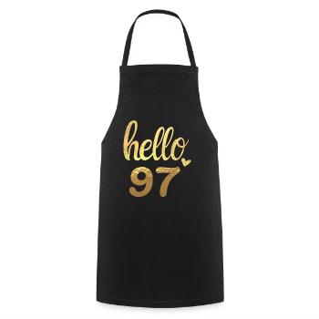 Hello 97 gold - Cooking Apron - black - Front - AI Model Male 185 dark (185cm)