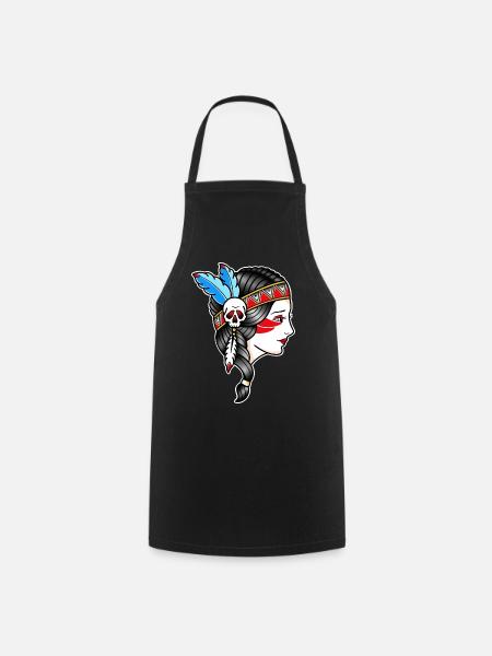 Visage de femme indienne - dessin old school - Tablier de cuisine - noir