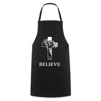 Croire – Croix moderne avec Jésus - Tablier de cuisine - noir - Devant - AI Model Male 185 dark (185cm)