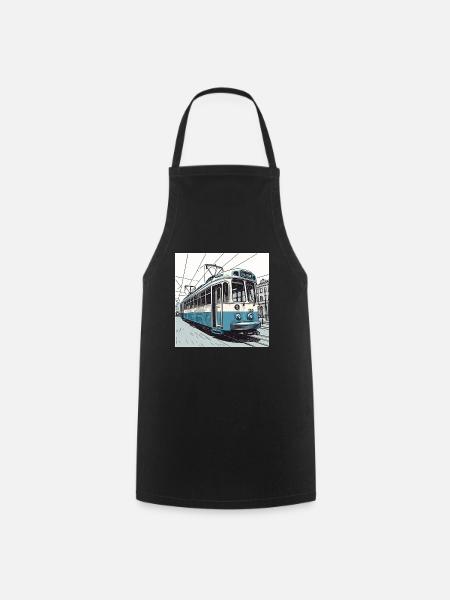 handgezeichnete Amsterdamer modernistische blau/weiße Straßenbahn - Kochschürze - Schwarz