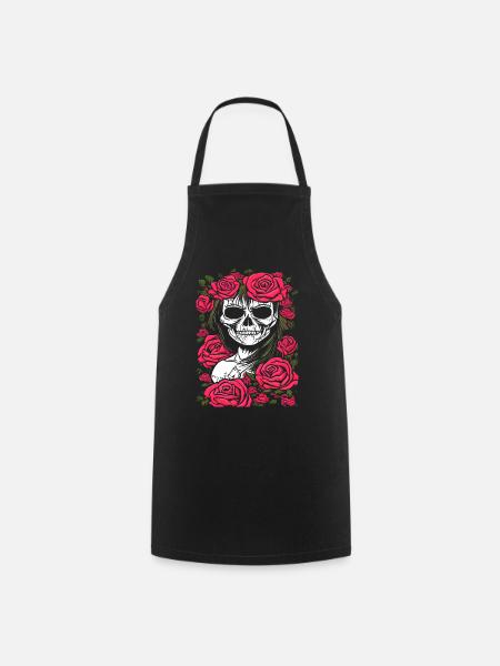 Totenkopf mit Rosen, die Catrina - Kochschürze - Schwarz