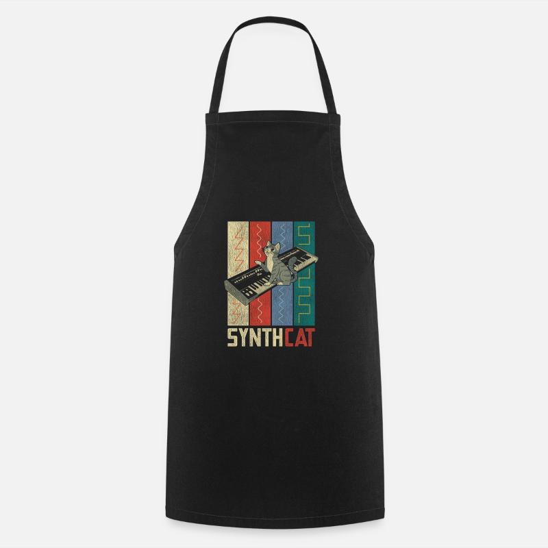 Retro Synthesizer Cat - Cooking Apron - black