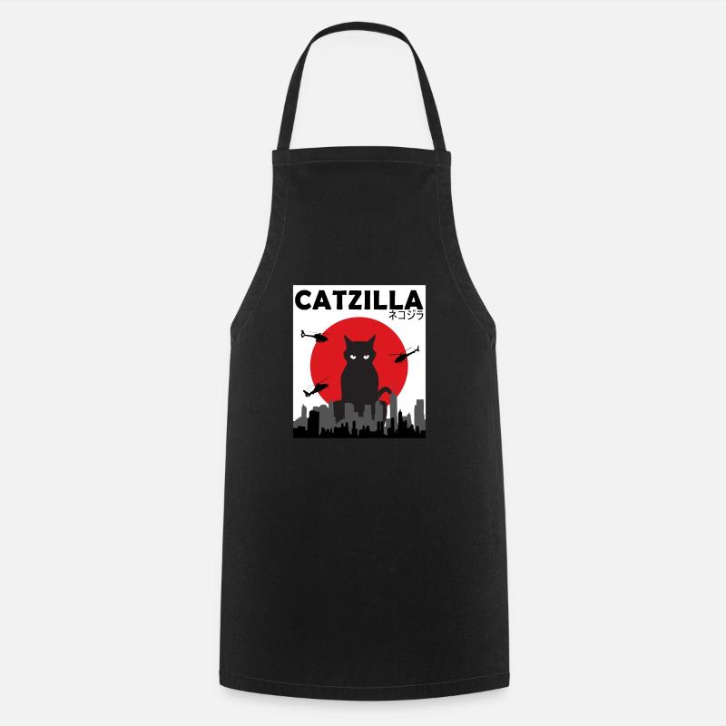 Catzilla Funny Cat Kitten Kitty Lover Japanese - Cooking Apron - black