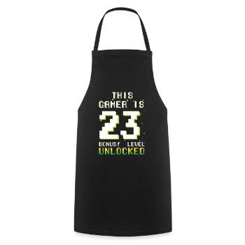 Ce gamer amateur de jeux vidéo Gamer Age 23 - Tablier de cuisine - noir - Devant - AI Model Male 185 dark (185cm)