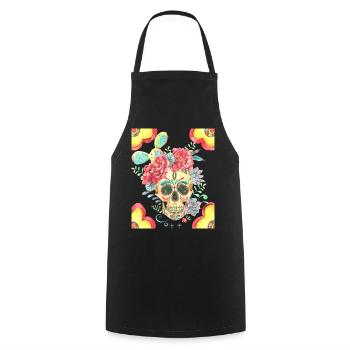 Crâne de sucre mexicain avec fleurs et cactus - Tablier de cuisine - noir - Devant - AI Model Male 185 dark (185cm)