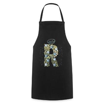 Monogramm Buchstabe R mit Krone, florales Ornament - Kochschürze - Schwarz - Vorne - AI Model Male 185 dark (185cm)