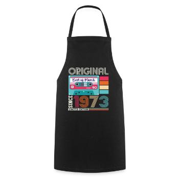 50 Birthday Man March Born 1973 Fun Cassette - Cooking Apron - black - Front - AI Model Male 185 dark (185cm)