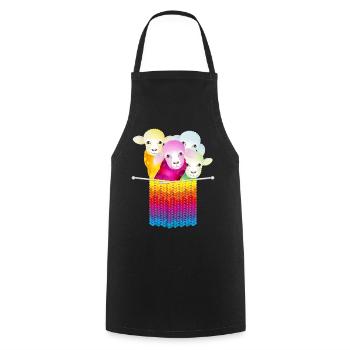 four colourful sheep with wool and knitting needles - Cooking Apron - black - Front - AI Model Male 185 dark (185cm)