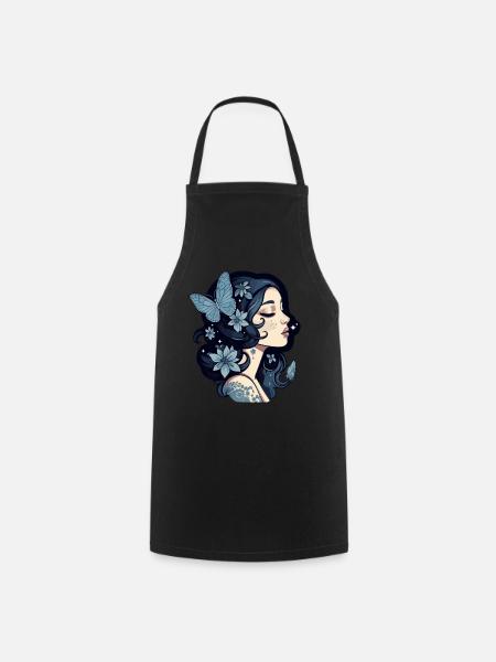 Femme gothique et papillons bleus dans le noir - Tablier de cuisine - noir