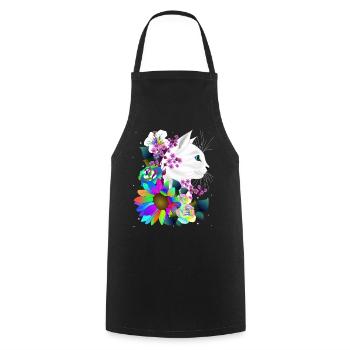 weiße Katze in bunten Fantasie Blumen - Kochschürze - Schwarz - Vorne - AI Model Male 185 dark (185cm)