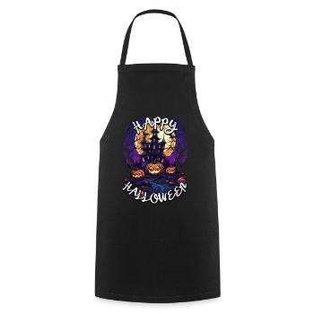 Happy Halloween with haunted castle, moon and pumpkins - Cooking Apron - black - Front - AI Model Male 185 dark (185cm)