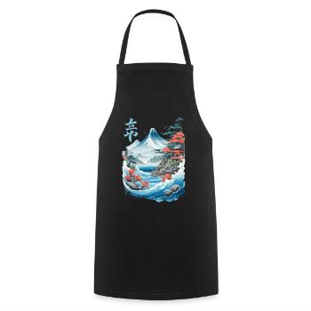 Oeuvre rétro japonaise Ukiyo-e Fujiyama - Tablier de cuisine - noir - Devant - AI Model Male 185 dark (185cm)