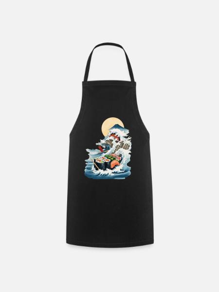 Japan Sushi Ukiyo-E Wave Streetwear Food Design - Cooking Apron - black