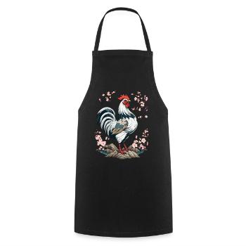Japanese Rooster Cherry Blossoms Aesthetic Design - Cooking Apron - black - Front - AI Model Male 185 dark (185cm)