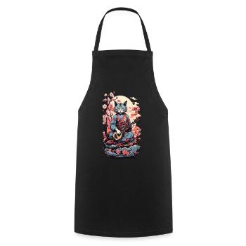Cat with Shamisen Vintage Japan Yokai Art - Cooking Apron - black - Front - AI Model Male 185 dark (185cm)