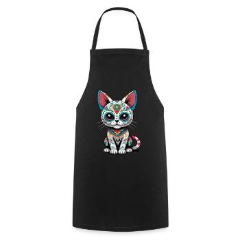 Ikonischer Zuckerschädel Mexiko Katze Design - Kochschürze - Schwarz - Vorne - AI Model Male 185 dark (185cm)