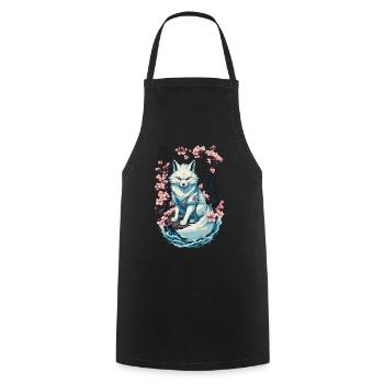 White Kitsune Fox Japanese Cherry Blossoms - Cooking Apron - black - Front - AI Model Male 185 dark (185cm)