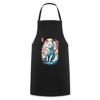 Conception esthétique du masque Kitsune et des fleurs de cerisier - Tablier de cuisine - noir - Devant - AI Model Male 185 dark (185cm)