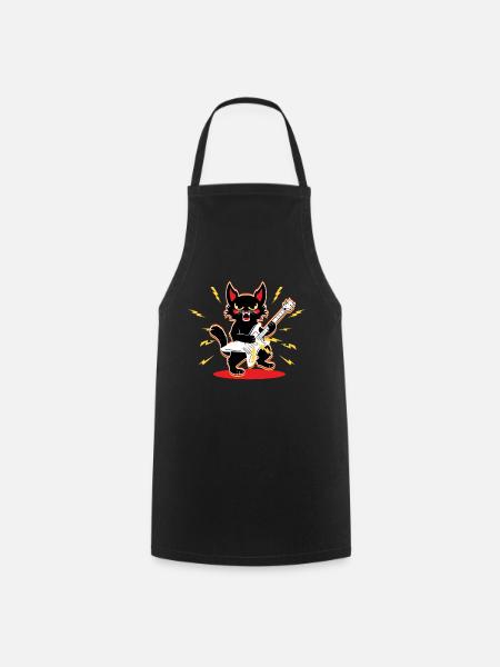 MEtal Cat Plays Guitar Instruments Rock Cute - Cooking Apron - black
