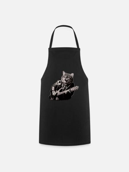 Rocker Cat Playing Guitar Instruments Meow - Cooking Apron - black