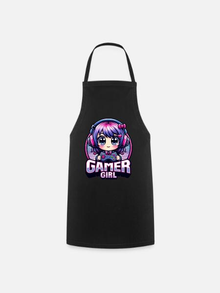 Gamer Girl. kawaii illustration, gaming, gamer, - Cooking Apron - black