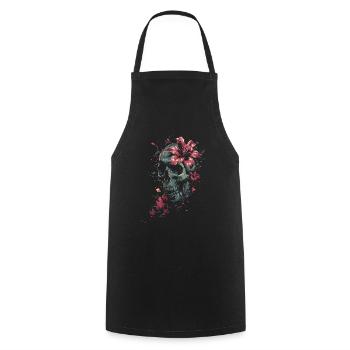 Crâne Lys d’Halloween - Crâne Squelette Fleurs - Tablier de cuisine - noir - Devant - AI Model Male 185 dark (185cm)
