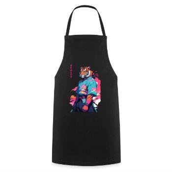 Tiger Yokai Vaporwave Aesthetic Samurai Art - Cooking Apron - black - Front - AI Model Male 185 dark (185cm)