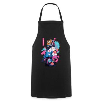 Tiger Yokai Vaporwave Aesthetic Samurai Design - Cooking Apron - black - Front - AI Model Male 185 dark (185cm)