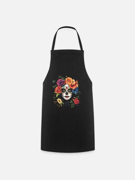 La Catrina colorée avec des roses et des fleurs - Tablier de cuisine - noir