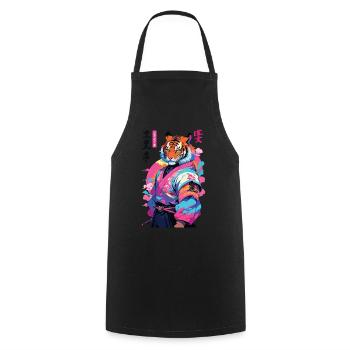 Tiger Yokai Vaporwave Aesthetic Samurai Art - Cooking Apron - black - Front - AI Model Male 185 dark (185cm)