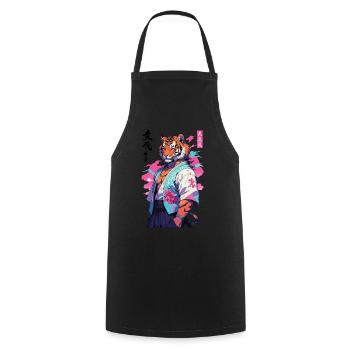Tiger Yokai Vaporwave Aesthetic Samurai Art - Cooking Apron - black - Front - AI Model Male 185 dark (185cm)