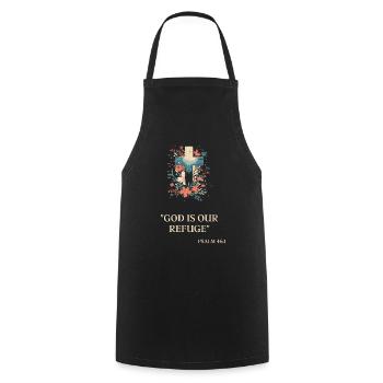 Cross with Psalm 46:1: God Is Our Refuge - Cooking Apron - black - Front - AI Model Male 185 dark (185cm)