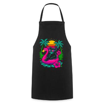 Chat d’été cool sur flamant rose - Look rétro - Tablier de cuisine - noir - Devant - AI Model Male 185 dark (185cm)