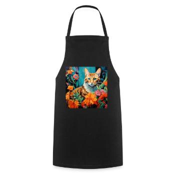 Katze, katzenmotiv, blumen, geschenk, geschenkidee - Kochschürze - Schwarz - Vorne - AI Model Male 185 dark (185cm)