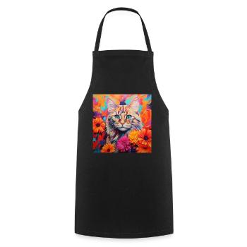 Katze, katzenmotiv, blumen, geschenk, geschenkidee - Kochschürze - Schwarz - Vorne - AI Model Male 185 dark (185cm)