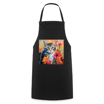 chat, motif de chat, fleurs, cadeau, idée cadeau - Tablier de cuisine - noir - Devant - AI Model Male 185 dark (185cm)