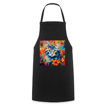 Katze, katzenmotiv, blumen, geschenk, geschenkidee - Kochschürze - Schwarz - Vorne - AI Model Male 185 dark (185cm)