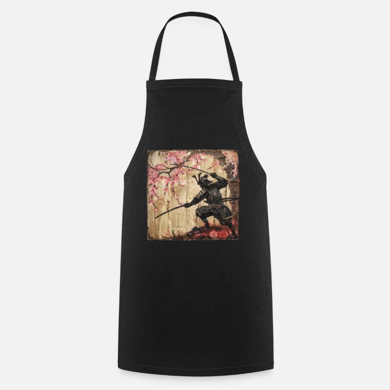 Japanese, Samurai, Cherry Blossom, Art, Ukiyo-E - Cooking Apron - black