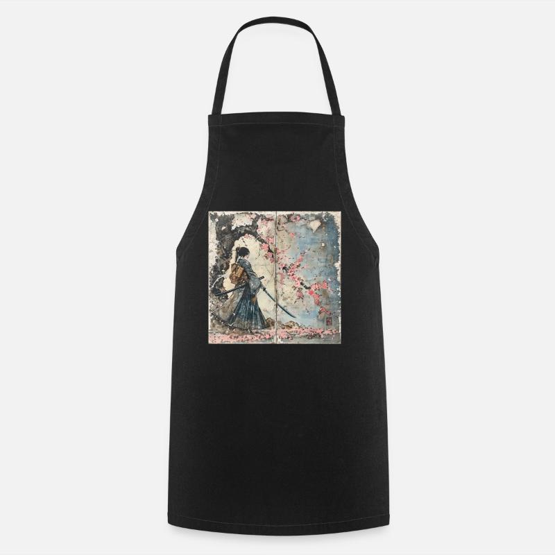 Japanese, Samurai, Cherry Blossom, Art, Ukiyo-E - Cooking Apron - black