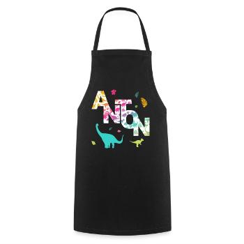 ANTON - Beau prénom de garçon avec dinosaure - Tablier de cuisine - noir - Devant - AI Model Male 185 dark (185cm)