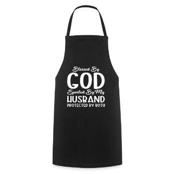 Blessed by God Spoiled by My Husband Protected By - Cooking Apron - black - Front - AI Model Male 185 dark (185cm)