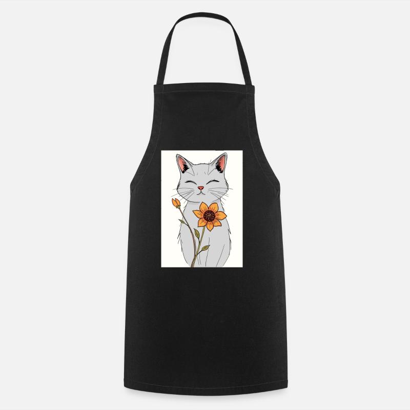 Serene Cat with Sunflower - Cooking Apron - black