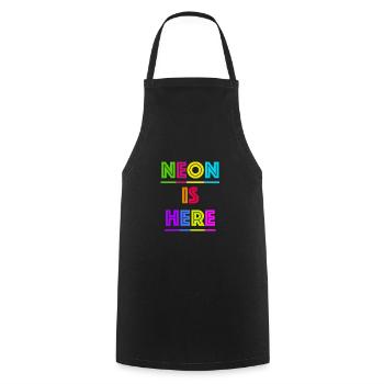 80er Jahre Schriftzug NEON IS HERE - Kochschürze - Schwarz - Vorne - AI Model Male 185 dark (185cm)