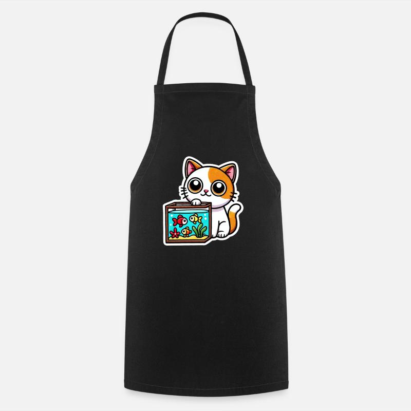 Cute ginger white Cat sitting by the Aquarium - Cooking Apron - black